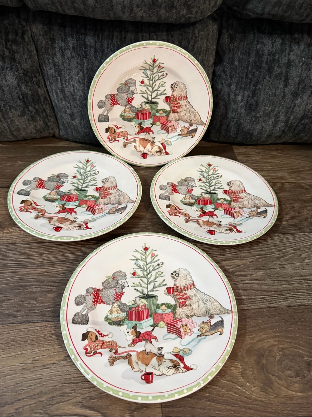 Pier 1 Holiday Dog Pattern Ceramic Dinner Plates - Red, Green, Cream